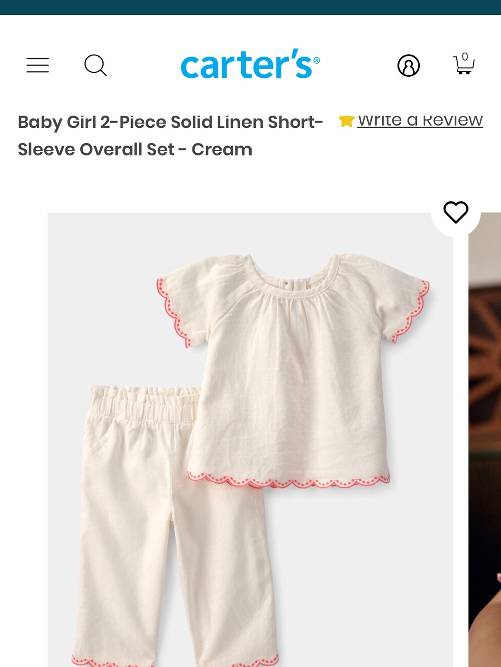 Carter's Cream Baby Girl 2-Piece Linen Set with Pink Scallop Trim